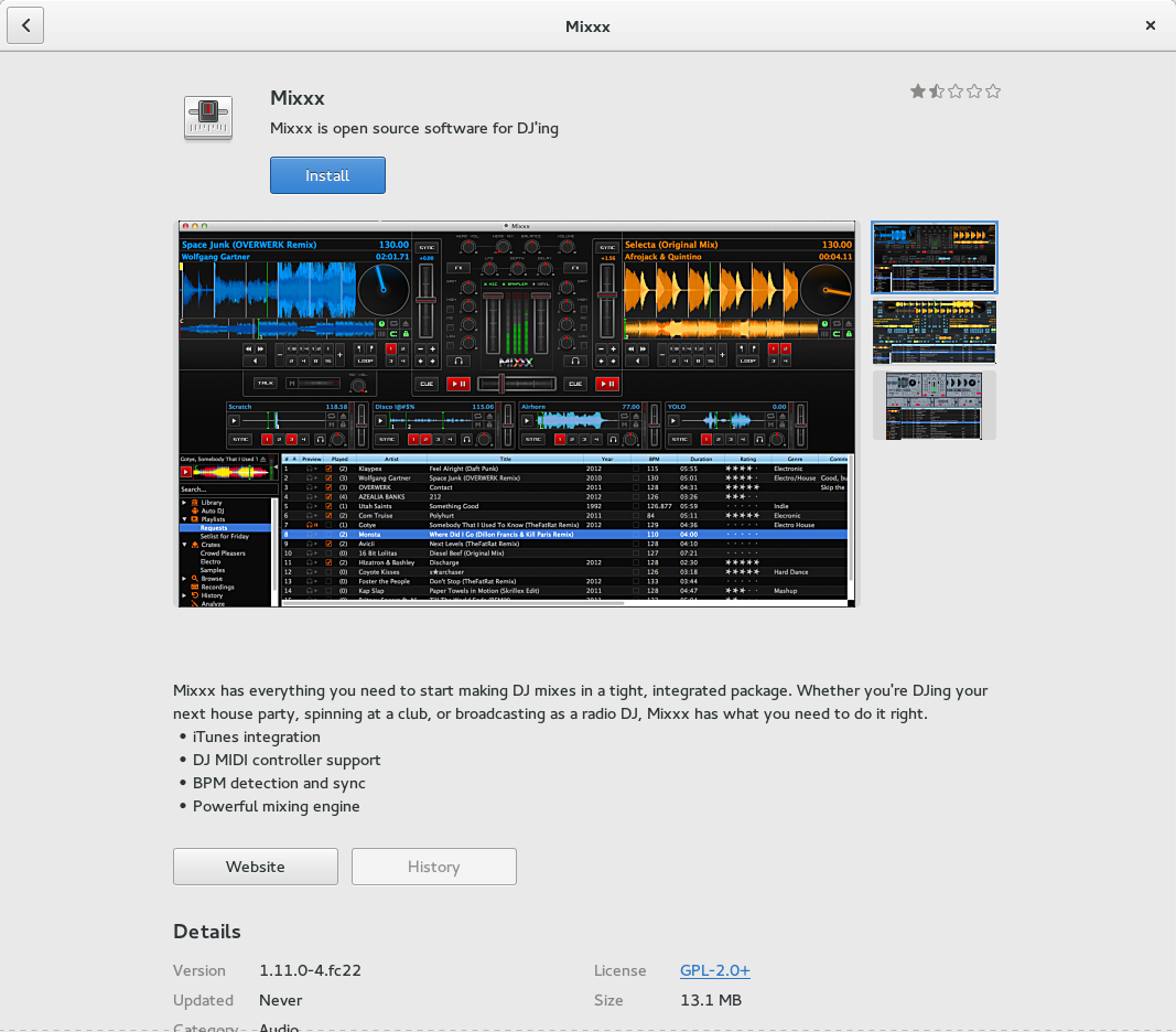 Screenshot showing Mixxx in Gnome software