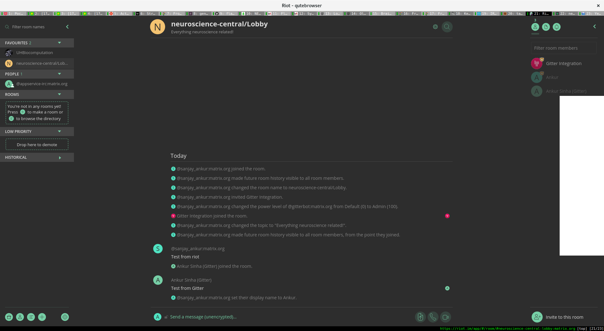 Neuroscience-Central/Lobby on Riot integrated with the same room on Gitter.