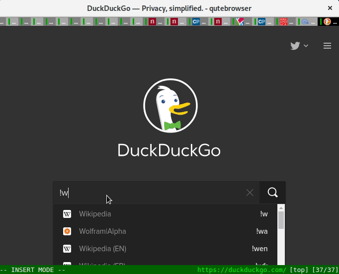 GIF showing the use of DuckDuckGo bangs to search Wikipedia.