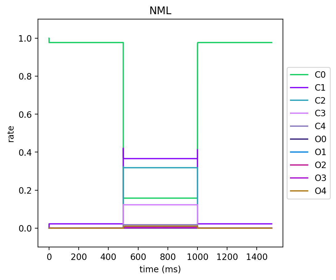 Values of kinetic state variables from a test simulation of the NeuroML conversion.