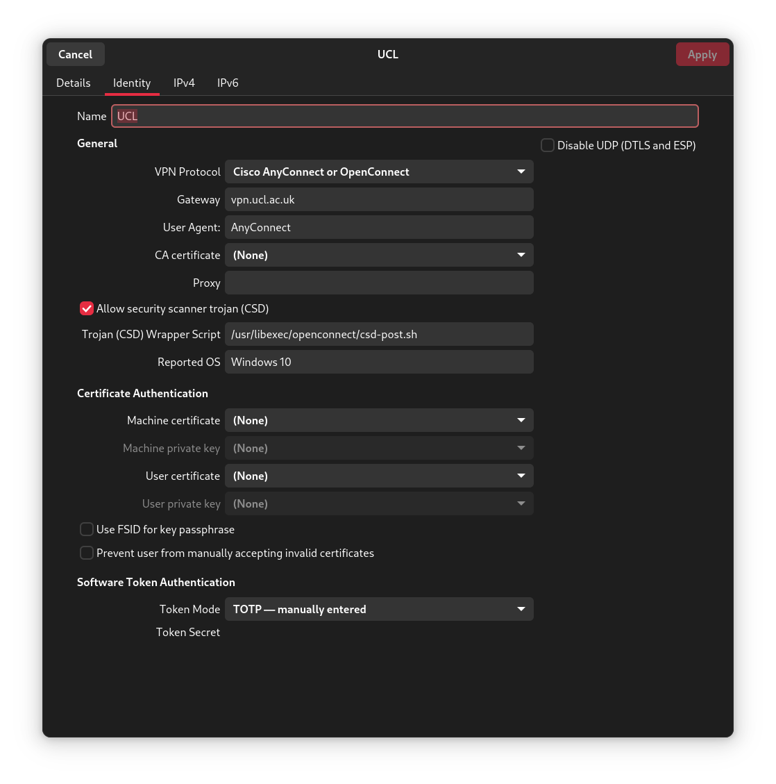 Screenshot of settings in Network Manager for setting up a VPN connection to UCL VPN using Open Connect (settings are listed below)