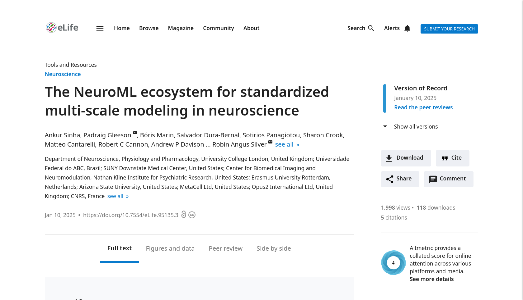 Screenshot of NeuroML paper in E-life: https://elifesciences.org/articles/95135