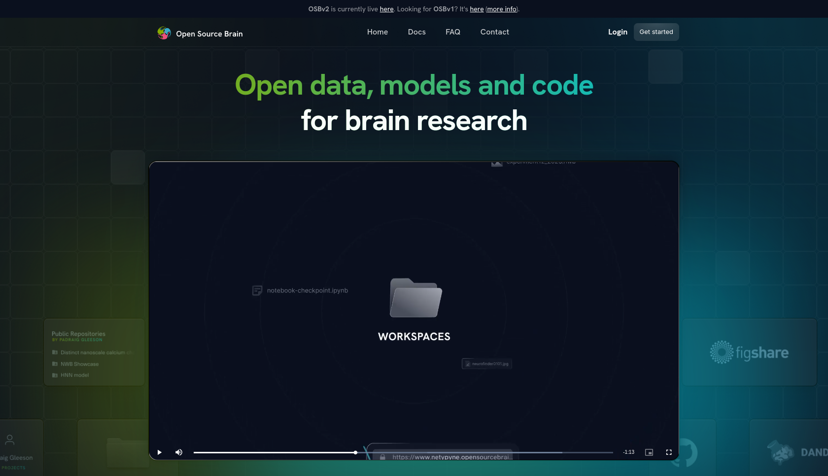 Screenshot of the Open Source Brain website at https://opensourcebrain.org
